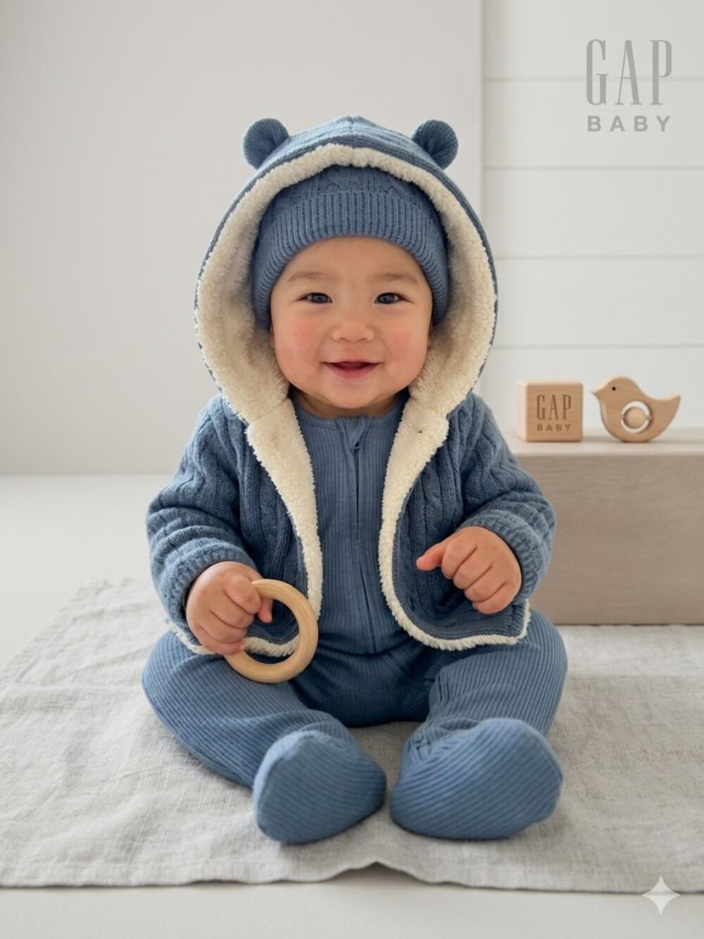 GAP Blue Knit Baby Footie Set with Hooded Jacket and Bear-Ear Hat